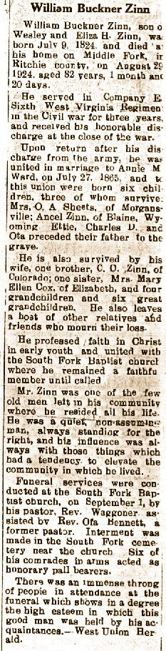 Obituary from *The West Union Herald *(*birth date typo) - Courtesy of Gwen Bartlett Zimmerman